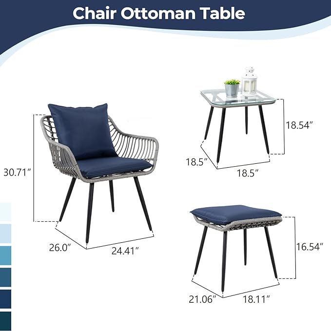 5 Piece Patio Furniture Set Outdoor Wicker Small Conversation Bistro Set All-Weather PE Rattan Chairs with Ottoman &amp Coffee Table Ideal for Balcony Porch Deck Yard Poolside (Grey/Blue)