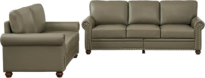Faux Leather Sofa Set of 2: Love Seat +3 Seat Couch Underseat Storage Classic Sofa Elegance Rolled Armrests Nailhead Trim Wood Legs Classic Living Room Accent 2+3 Seat-Grey