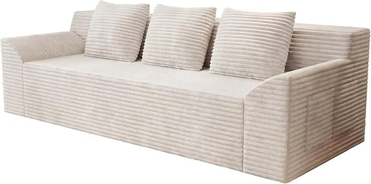 71 Small Boneless Couch Corduroy 3 Seater Couch for Living Room with 3 Pillows &amp Armrests Deep Seat Sofa for Small Spaces Apartment﻿ (White) | Small Boneless Couch
