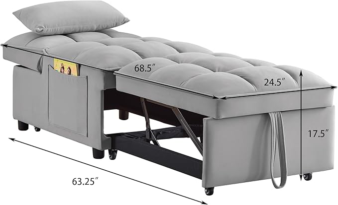 Multi-Function Convertible Single Sleeper Sofa Bed with Storage PocketsVelvet Tufted Pull-Out Couch Bed 4in1 W/Adjustable Backrest &amp PillowsChaise Lounge for Living RoomSmall SpaceGray