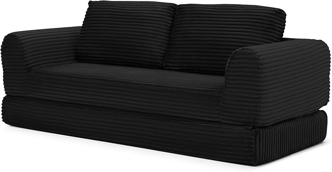63 Corduroy Boneless Couch 2-Seater Compression Sofa with 2 Throw Pillows No Assembly Required Comfy Loveseat Sofa in a Box Modern Couches for Living Room (Black 82 inch &amp Pull-Out Bed) | Br