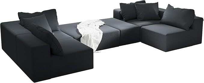 Yoglad 132 Modern L-Shape Sectional Upholstery Sofa 6 Seat Freedom Combination Living Room Sofa Comfy Deep Seat Floor Furniture with 6 Pillows for Living Room Office (Chenille Black)