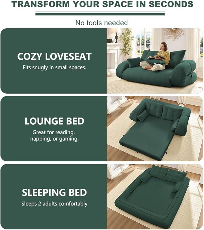 78.7 King Foldable Sofa Bed Lazy Sofa Couch 3-in-1 Multi-Functional Sleeper Sofa Bed Teddy Futon Sofa Floor Loveseat Sofa Human Dog Bed Bean Bag Lounge Recliner for Living Room Green