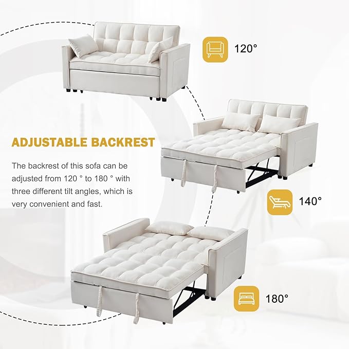 Kiztir Futon Sofa Bed 55 Small Loveseat Sleeper Sofa Comfy Velvet Pull Out Couch Bed with 3 Levels Adjustable Backrest and Side Pockets for Living Room Bedroom Apartment Small Spaces (B-Beige)