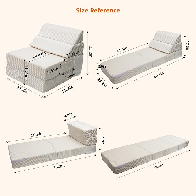 Cozy Folding Sofa Bed Convertible Sleeper Chair Couch Foldable Floor Mattress Comfy Portable Floor Sofa Lounge for Living Room Bedroom(77x26Beige White30D Density Foam) | Breathable Material