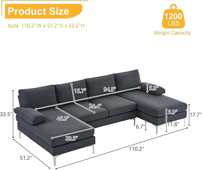 Karl home 110 Sectional Sofa U-Shaped 4-Seat Couch with Chaises Linen Fabric Upholstered for Living Room Apartment Office Dark Gray