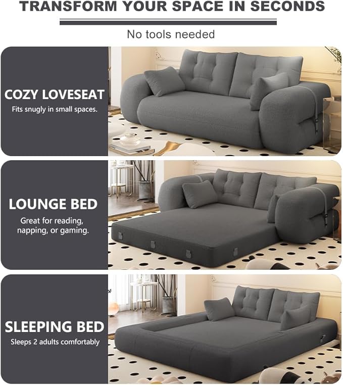 78.7 King Foldable Sofa Bed Lazy Sofa Couch 3-in-1 Multi-Functional Sleeper Sofa Bed Teddy Futon Sofa Floor Loveseat Sofa Human Dog Bed Bean Bag Lounge Recliner for Living Room Grey