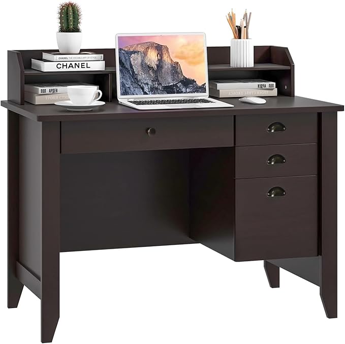 GOFLAME 48” Computer Desk with Hutch Vintage Home Office Desk with Storage Drawers &amp Shelves Space Saving Laptop PC Table Wooden Study Writing Workstation Brown