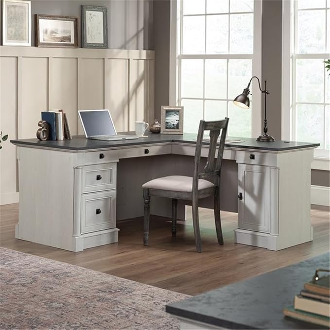 Pemberly Row L-Shaped Engineered Wood Desk Glacier Oak/Rosso Slate Accents 68.74 x 65.11 x 29.6 in Adjustable Storage File Drawers Grommet Holes Home Office Desk