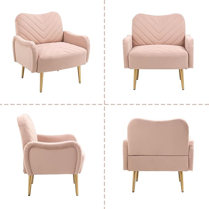 Velvet Accent Chair Comfy Upholstered Living Room Arm Chair Single Reading Sofa Chairs for Bedroom Office Small Spaces Waiting Room Furniture (Pink Chair)