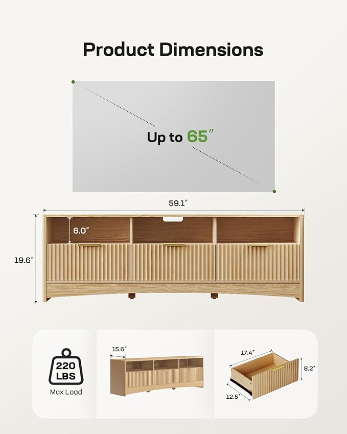 Marsail 59″ Wide TV Stand for TVs Up to 65″ Modern Entertainment Center with Fluted Panels 3 Easy-Sliding Drawers Open Shelves &amp Cable Hole 3-Tier TV Stands for Living Room &amp Bedroom Natu