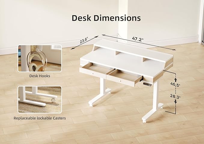Claiks Standing Desk with Drawers Electric Adjustable Standing Desk Adjustable Height Sit Stand Up Desks with Storage Shelves &amp Wheels 48 Inch White