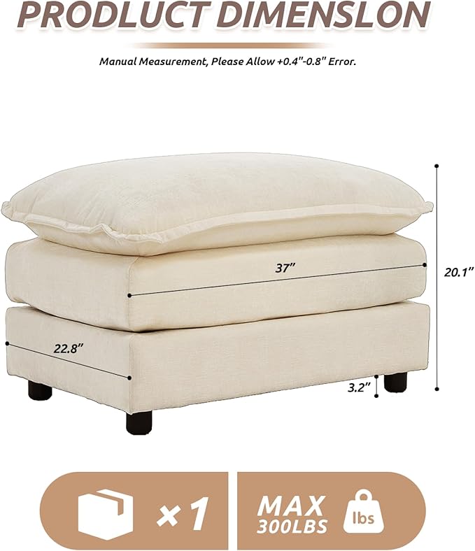 Chenille Upholstered Ottoman Footstool with Cushion for Sectional Sofa Couch 300lbs for Living RoomApartmentHome Theater(Beige)