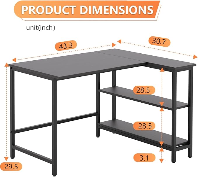 FDW L-Shaped Gaming Desk 43 Inch Computer Desk Corner Desks with Reversible Side Storage Shelves Study Desk Metal Frame PC Work Table for Home Office Dorm Sturdy Writing WorkstationBlack