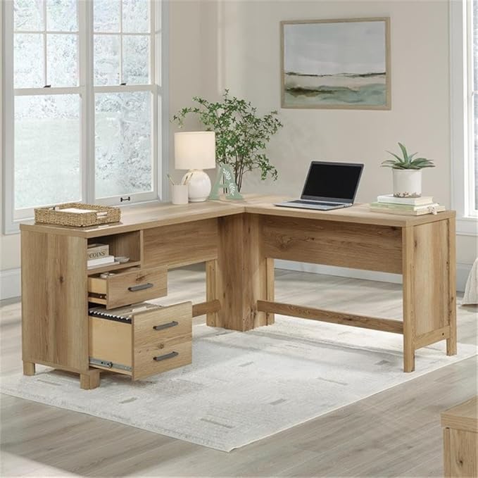 Pemberly Row Farmhouse L-Shape Engineered Wood Desk Timber Oak Finish 29.76 H x 65.12 W x 59.84 D File Drawer Open Shelf Home Office Desk for Storage &amp Organization