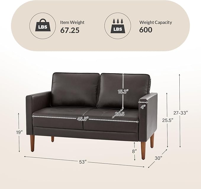 HULALA HOME Mid-Century Modern Faux Leather Loveseat Sofa with Movable Backrest Cushions Button-Tufted 2-Seater Sofa with Wooden Legs Small Love Seat Accent Couch for Living Bedroom Brown