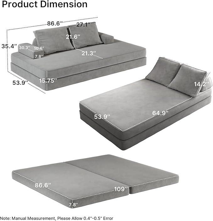 87 Folding Sofa Bed King Size Convertible Sleeper Sofa with Movable Backrest Foldable Futon Floor Couch Bed Chenille Boneless Couches for Living Room(Grey)