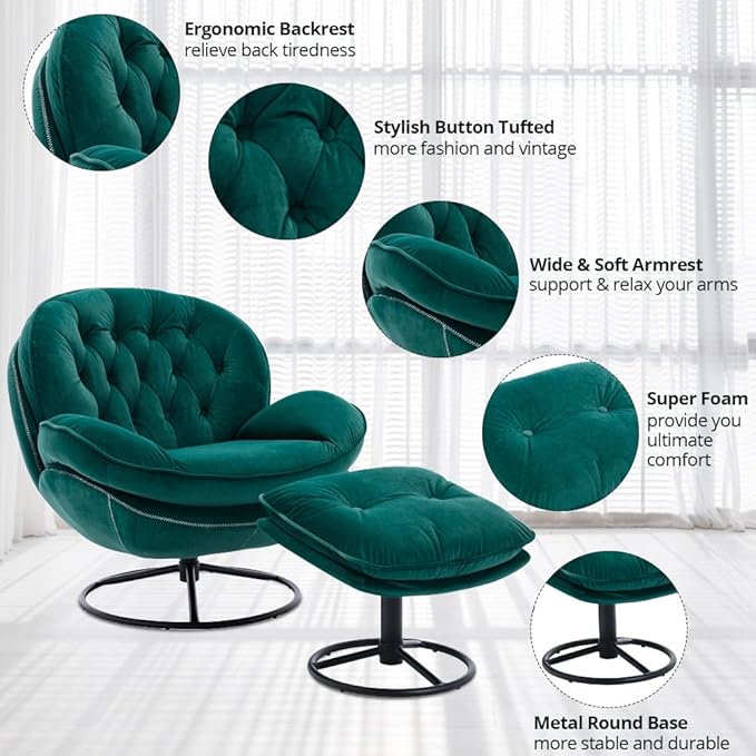 Velvet Swivel Accent Chair with Ottoman Set Modern Lounge Chair with Metal Base Frame &amp Footrest Comfortable Single Leisure Sofa Chair Reading Chair with 360 Degree Swiveling for Living Room Gr