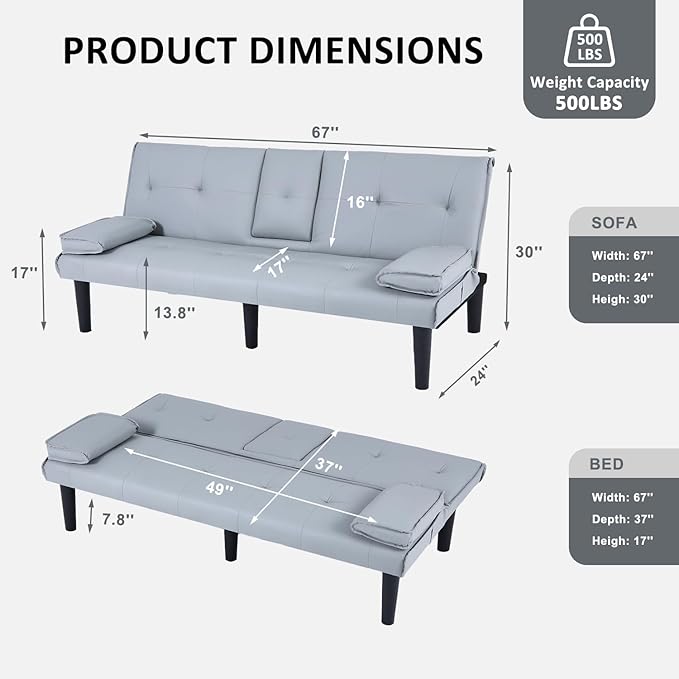 Futon Sofa Bed PU Leather Modern Convertible Futon Couch with Removable Armrests Cup Holders Loveseat Sleeper Sofa Bed for Living Room Apartment Small Spaces (Light Gray)