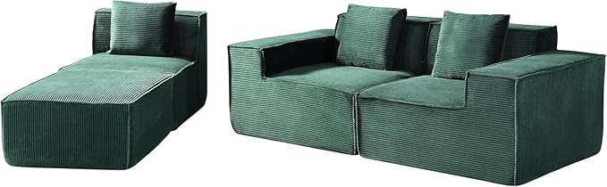 Harper Convertible Corduroy Sectional Couch with Ottoman &amp Pillows Modular L Shaped Sleeper Sofa Boneless Cloud Couch for Living Room Furniture Dark Green