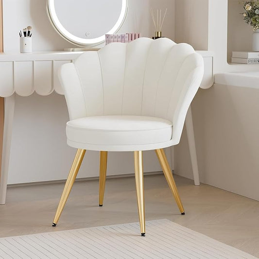 Hatchsun Velvet Accent Chair with Gold Metal Legs Shell Back Vanity Chair for Makeup Room Bedroom Living Room Beige Upholstered Guest Chair 26x31.6 Inches 260 lbs Capacity (White)