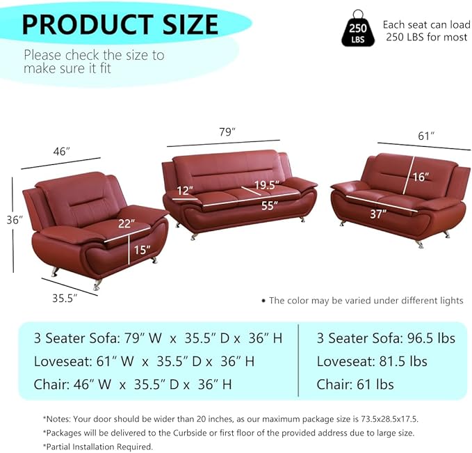 3 Piece Living Room Furniture Sets Faux Leather Sofa Set Modern Sofa Couches with Sturdy Legs Office Sectional Sofa Set Easy Clean Loveseat Couch Chair for Living Room/Bedroom/Office Red