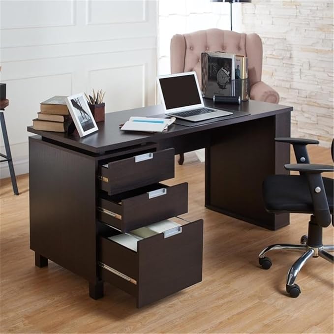 Scranton &amp Co Modern 3-Drawer Wood/Steel Office Desk 59 in Wide Espresso Finish Built-in Filing Cabinet Open Shelves Chrome Accents Particle Board Construction Home Office Desk for Workspac