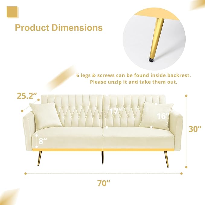 70” Velvet Futon Sofa Bed with 2 Pillows and Adjustable Armrests Convertible Sleeper Bed W/Adjustable Backrests Modern Loveseat for Living Room Bedroom Beige