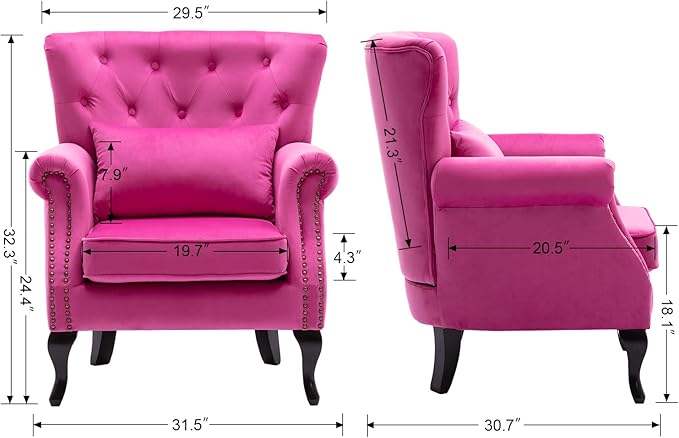 chairus Mid-Century Modern Accent Chairs Set of 2 Comfy Tufted Single Sofa Chair Wingback Armchair with Pillow for Club Living Room Bedroom - Velvet Rose