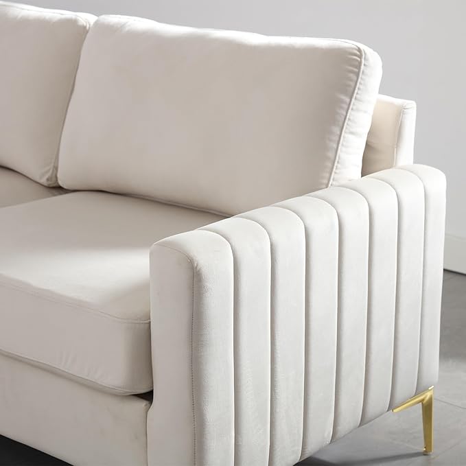 SLEERWAY Tufted Velvet Accent Chair Mid Century Modern Comfy Living Room Furniture Set Bedroom Club Lounge Reading 5.5 inch Cushioned Golden Legs (Beige Single Sofa Chair)