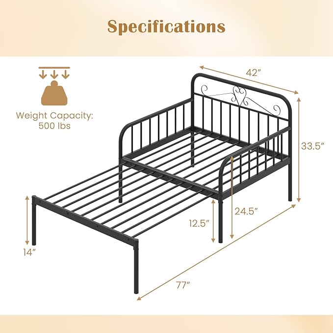 Giantex Metal Twin Bed Frame Convertible Sofa Bed with Headboard &amp Armrests Pull-Out Sleeper Chair Bed for Small Spaces Dorm Guest Apartment Suitable for Folding Sofa Mattress (Black)