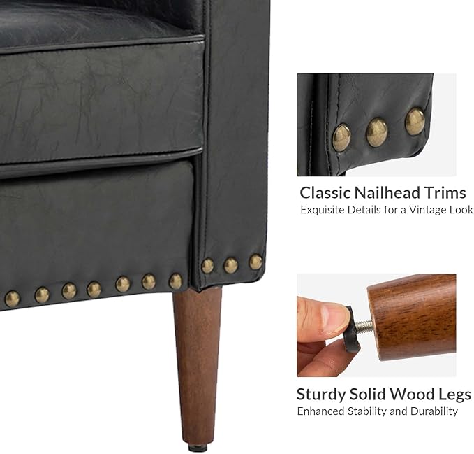 HULALA HOME Faux Leather Accent Armchairs Set of 2 with Back &amp Seat Cushions Traditional Club Chairs with Nailhead Trim Comfy Upholstered Sofa Chairs for Living Room Bedroom Black