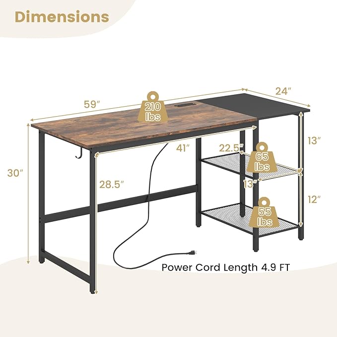 GOFLAME 59” Computer Desk Modern Simple Study Writing Desk with Built-in Power Outlet Removable Shelf &amp Side Headphone Hook Home Office Laptop PC Desk Gaming Table Workstation (Rustic Brown)