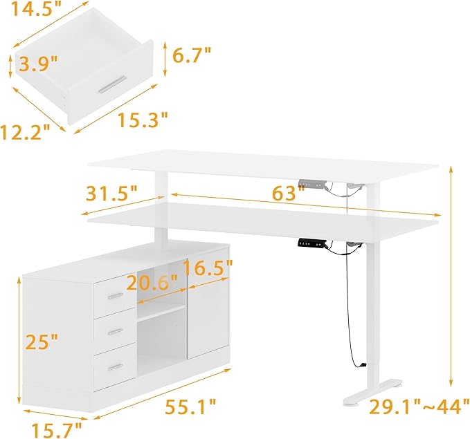 Lovinouse Large White Electric Adjustable Standing Desk Reversible L Shaped Office Work Desk with Storage Drawers Adjustable Height and Shelves Rising Study Computer Table for Home Office Bedroom