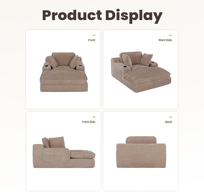 67 Chaise Lounge Chair Indoor Cozy Oversized Fluffy Sofa with Cup Holders &amp Throw Pillows Boneless Sleeper Cloud Couch for Living Room Movie Room and Apartments Camel