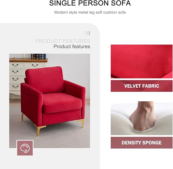 Kiztir Mid-Century Modern Velvet Accent Chair Comfy Upholstered Armchair for Living Room Bedroom Office Studio Lounge (RED)