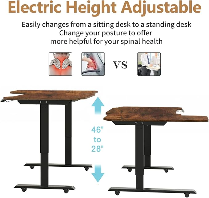 59 L-Shaped Standing Desk Height Adjustable Electric Corner Desk with Wheels Ergonomic Rising Computer Table for Home Office (Rustic Brown)
