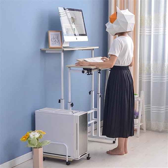Garvee Portable Standing Desk Adjustable Height 26.4-61 Mobile Computer Desk with Wheels Tiltable Top &amp CPU Stand Rolling Laptop Table Cart for Home Office Light Walnut
