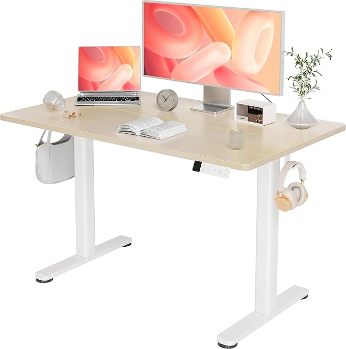 YDN Electric Standing Desk Adjustable Height 48 x 24 Inches Stand up Desk with Cable Management Home Office Desks with Splice Board &amp White Frame Nature Top
