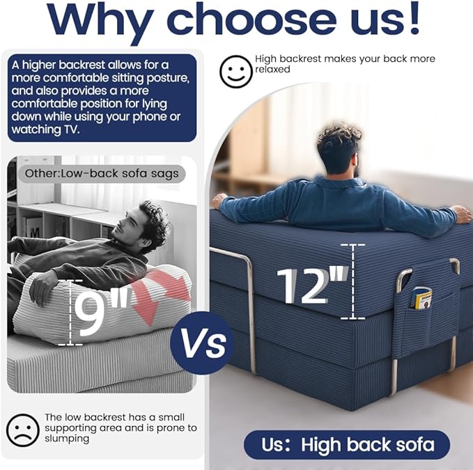 Folding Sofa Bed Convertable Corduroy Couch King Size Floor Sleeper 4-in-1 DIY Combination Modular Sofa Fold Out Futon Lounge Comfy Foldable Lazy cama for Living Room (Blue 80.15)