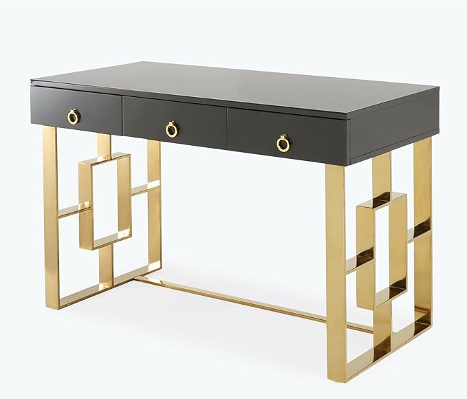 First of a Kind Brooke Mid Century Modern Gloss Lacquer Computer Desk - Home Office Desk with Drawers - Writing Desk for Luxurious Touch - Versatile PC Desk Grey/Gold
