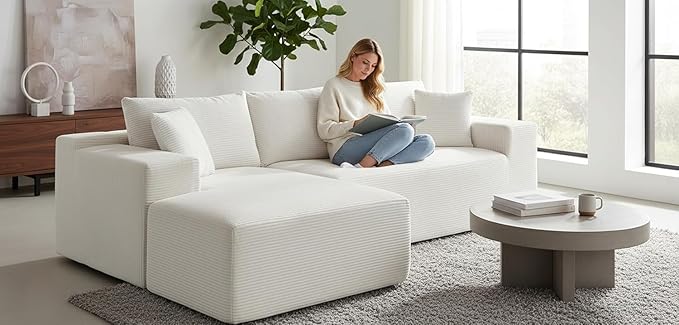 Ridge 2-Piece Convertible Corduroy L-Shaped Sofa in a Box with Pillows 3-Seater Modular Sectional Couch Compressed Living Room Furniture Beige (Left Facing)