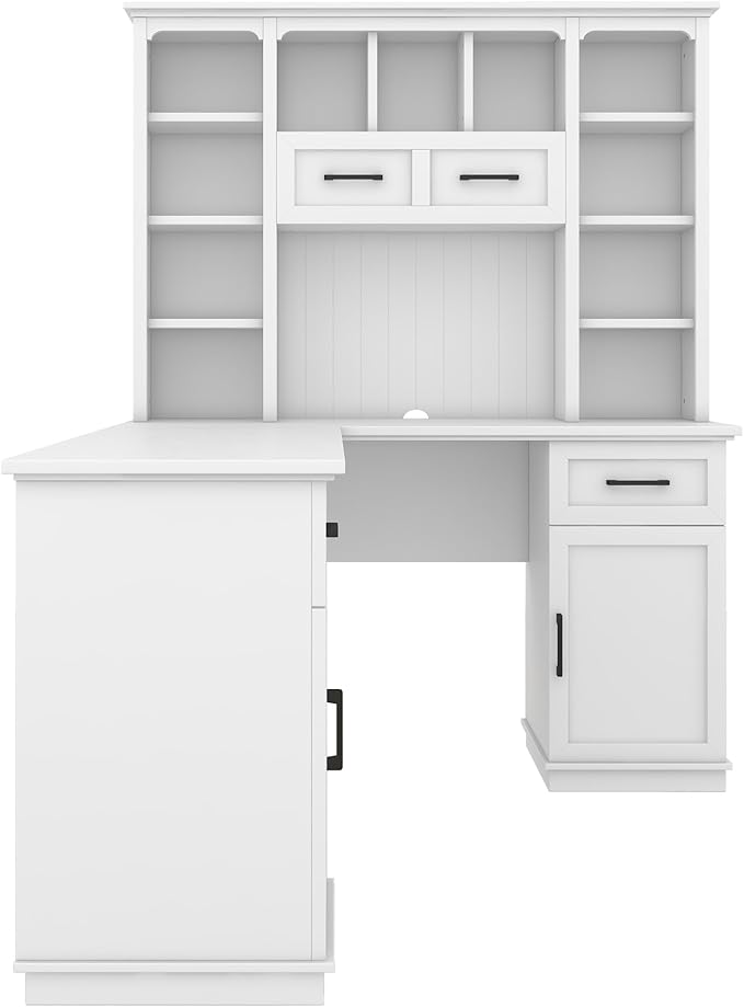 L-Shaped Executive Desk Writing Desk Office Study Workstation with Storage Cabinets and Bookcases Wood Home Office Computer Desk for Living Room Study Room (White-11.8)