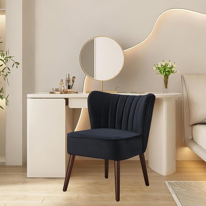 Modern Velvet Accent Chair Set of 2 Soft Upholstered Living Room Chair with Wooden Legs Comfy Armless Lounge Chair for Living Room/Makeup/Office/Bedroom Black