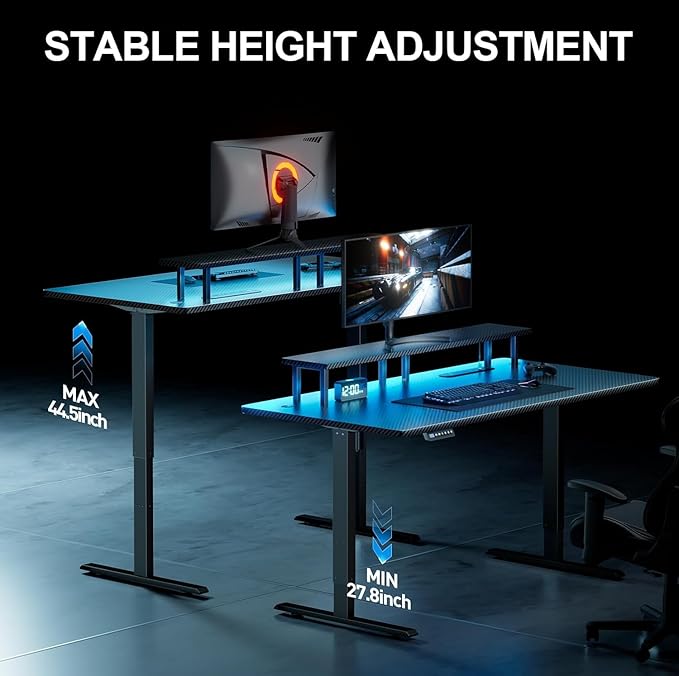 HLDIRECT Electric Standing Gaming Desk with LED Lights 63 Inch Height Adjustable Gaming Table Sit Stand Computer Workstation with Power Outlet &amp Monitor Stand Rising Desk for Home Bedroom Blac