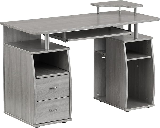 Computer Workstation Desk with Shelf &amp Drawers - Gray Home Office Desk