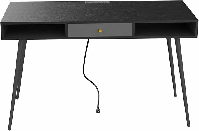 Generic Mid Century Desk with USB Ports and Power Outlet Modern Writing Study Desk with Drawers Multifunctional Home Office Computer Desk Black