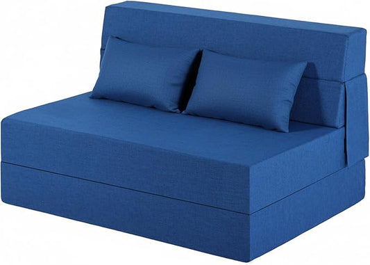 Folding Sofa Bed Foldable Sleeper Chair with Pillow Convertible Fold Out Chair Bed with Washable Cover Foldable Mattress for Living Room Bedroom Guest Room Standard Size Blue