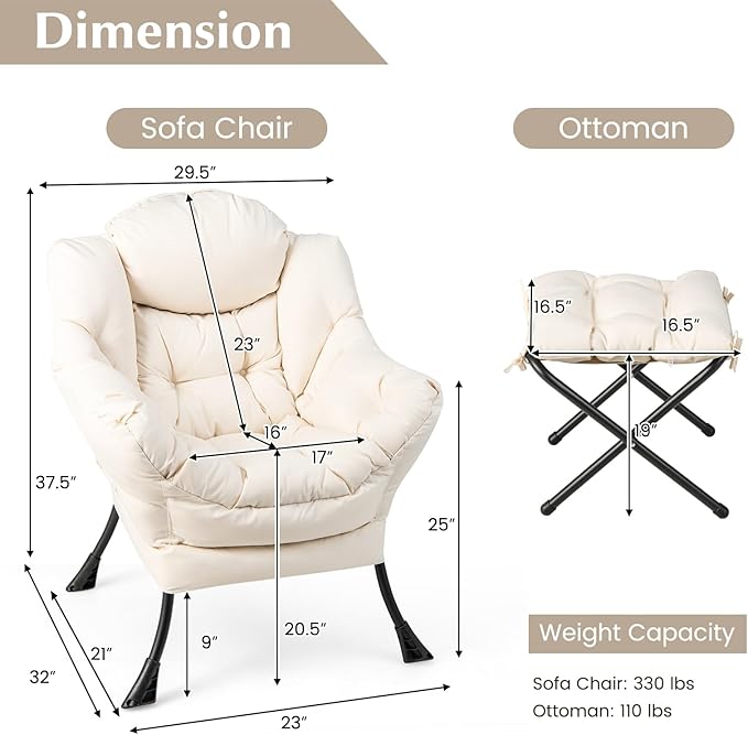 RELAX4LIFE Lazy Chair with Foldable Ottoman - Modern Lounge Accent Chair w/Armrests &amp Side Pocket Upholstered Leisure Sofa Armchair with Footrest for Reading Living Room Bedroom Dorm (Beige)
