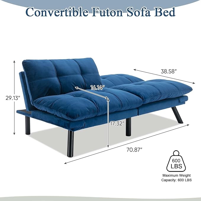 Convertible Velvet Futon Sofa Bed Comfy 72 L Sleeper Couch with Thicker Cushion Upholstered Modern Reclining Loveseat Folding Sofa for Small Living Room Dorm Apartment Office Navy